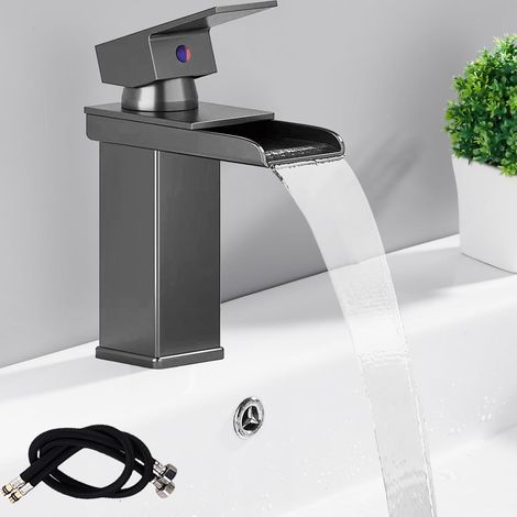 1 Robinet cascade, Acier inoxydable, Gris canon, Mitigeur mono-commande, Salle de bain (1/5)