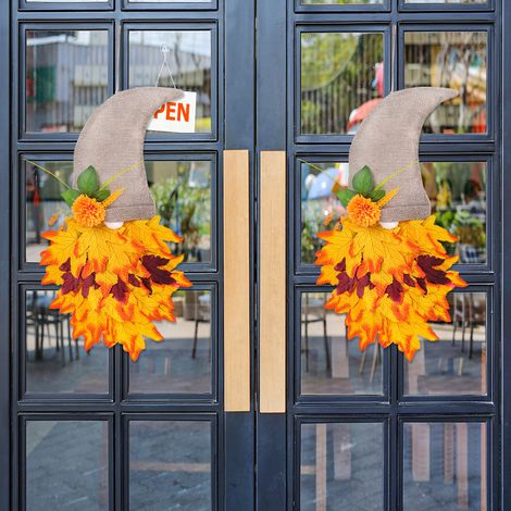Guirlande Automne - Feuilles D'érable Artificielles - Nain Sans Visage - Décor Porte Extérieure Mur - 58 x 33 cm - 1 Pièce (1/5)