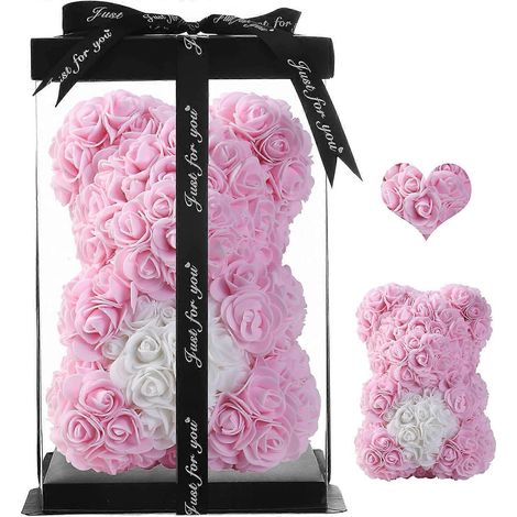 Ours en peluche rose, fait main, avec des fleurs de rose artificielles - Cadeau idéal pour la Saint-Valentin, la fête des mères, un mariage, un anniversaire (épingle lumineuse) (1/5)