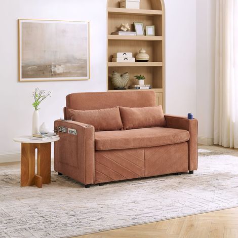 Canapé-lit 2 places 3-en-1 minimaliste luxueux,design coulissant,port USB,idéal pour la sieste,couleur orange tendance pour intérieur moderne.
