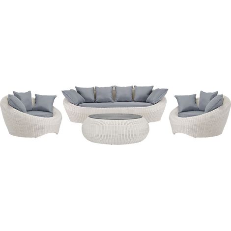 Salotto da giardino in resina intrecciata avorio: divano, 2 poltrone e tavolino - WHITEHEAVEN