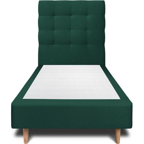 Lit 90x200cm avec tête de lit capitonnée velours et sommier tapissier vert - Hauteur totale : 35cm (1/4)