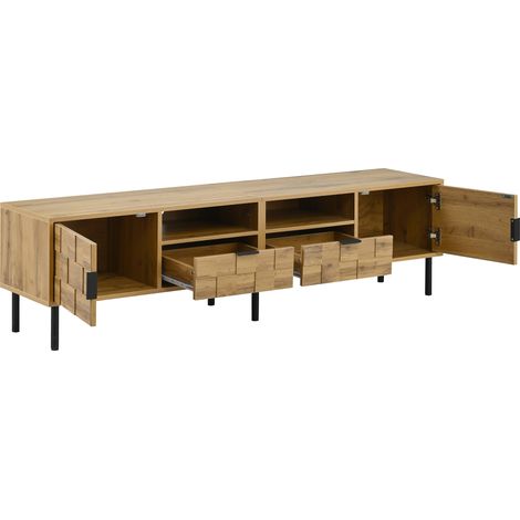 Meuble TV mosaïque, meuble bas TV, 2 portes avec 2 tiroirs, buffet média pour salon, aspect bois, panneau de particules, pieds en métal, 2 niches ouvertes (1/5)