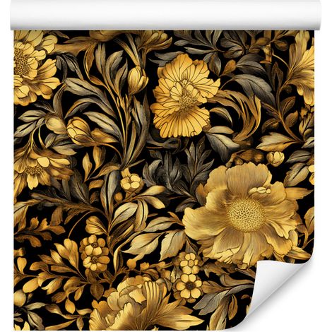 Carta da parati con ibisco dorato, ocra, oro, nero e crema, 50x1000 cm (1/5)