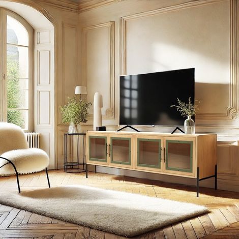 HELENA - Meuble TV 4 portes vitrées en bois de pin vert et métal noir (1/5)