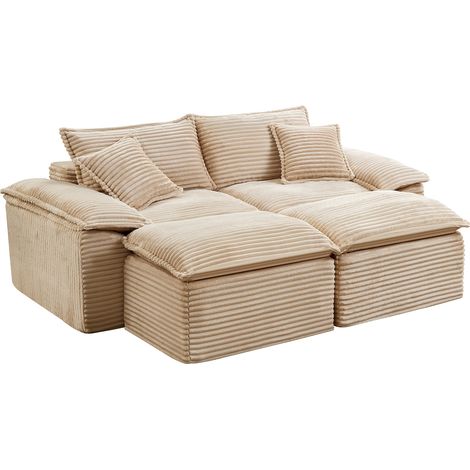 Canapé 2 places beige en velours côtelé avec repose-pieds, design sans coutures, assise profonde - 206 x 158 x 66 cm (1/5)