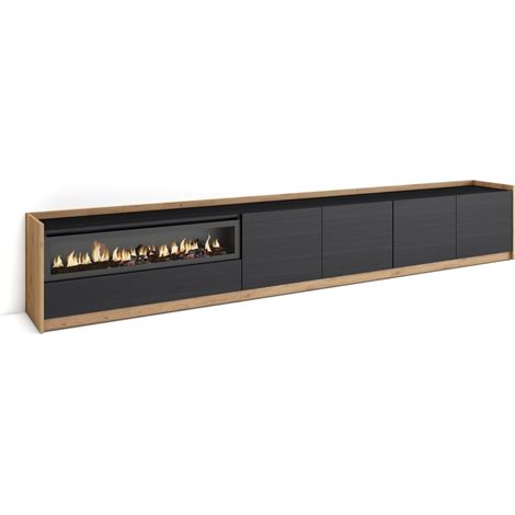 Skraut Home - Mueble TV, Televisión, 310x37x50cm, Para TV hasta 80", Chimenea eléctrica, Negro y roble (1/5)