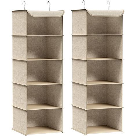 Set mit 2 Hängeregalen, faltbar, bambusverstärkt, Metallhaken, Leinenmuster, für Kleiderschränke (1/5)