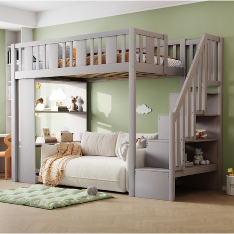 Letto rialzato bambini 90x200 cm con scala portaoggetti e ripiani portaoggetti, in legno, senza materasso, grigio (1/5)