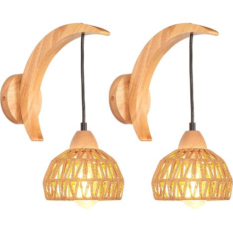 Lot de 2 Appliques Murales Bois et Rotin - Design Croissant Vintage - Éclairage Intérieur Réglable - Pour Salon Chambre Couloir - Marron et Crème (1/5)