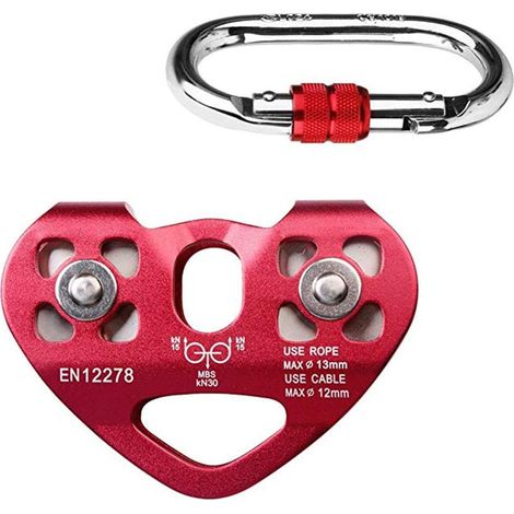 Pulley - 30 Kn Breaking Strength - Double Sheave Trolley With Carabiner - For Mountaineering And Rope Systems - 1 Piece