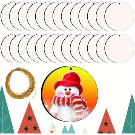 Kit de Décoration de Noël à Suspendre par Sublimation Vierge 25 Pièces, Planche Ronde en Bois Imprimée à Chaud avec Corde Dorée (1/4)