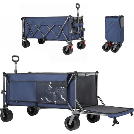 Chariot pliable 300L + 120L avec hayon, chariot pliable de 180 cm avec roues tout-terrain extra larges de 17 x 10 cm, idéal pour le jardin, les courses, la plage et les activités de plein air (bleu) (1/5)
