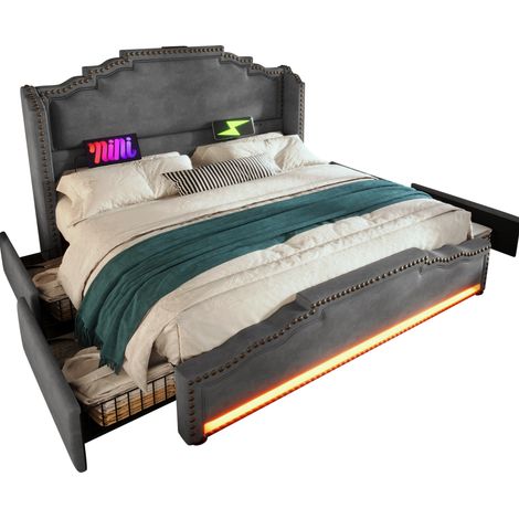 Lit coffre 160x200 cm gris en velours avec 4 tiroirs, LED, ports USB-C et matelas, MODENUIT (1/5)
