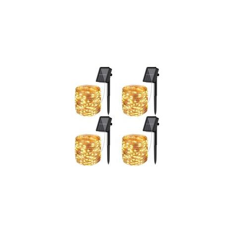 [Lot de 4] Guirlande Solaire Exterieur, 12m 100 LED Guirlande Lumineuse Solaire Exterieure Étanche 8 Modes Décoration Lumière pour Jardin Terrasse Cour Maison Noël Mariage Fête Blanc chaud H542