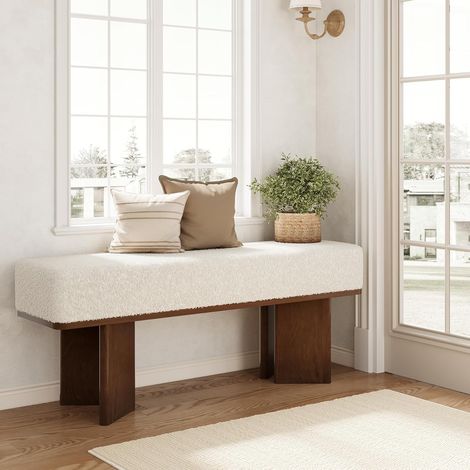 Tribesigns Panchina portaoggetti da 120 cm, per ingresso con cuscino, rettangolare, per camera da letto, imbottita color avorio e con struttura in legno marrone, panca lunga per il corridoio (1/5)