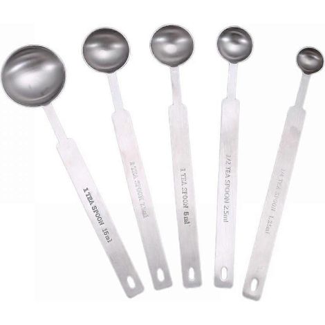 Set aus 18 cm (7 Zoll) langen Messlöffeln aus hochwertigem Edelstahl, bestehend aus einem Esslöffel, einem Teelöffel und einem Kaffeemesslöffel, zum genauen Abmessen von Flüssigkeiten oder Zutaten. (1/5)