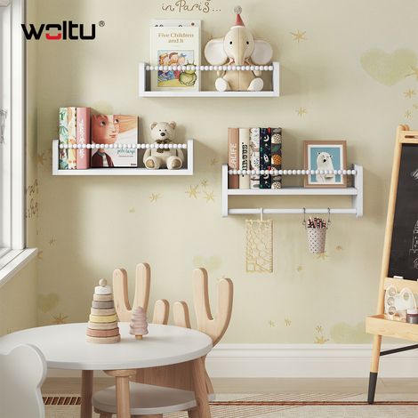 WOLTU 3x Kinder Bücherregal Wand, Kinderregal Hängeregal aus Massivholz, Wandregal Kinderzimmer Schweberegal, Montessori Regal, für Bücher Spielzeug, 40 cm, Weiß