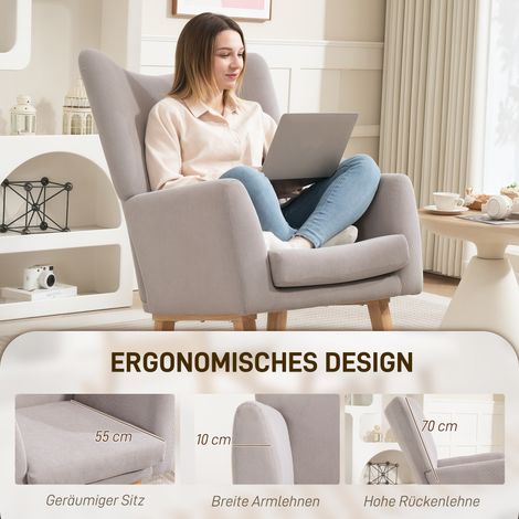 Fauteuil à bascule vintage, housse en velours côtelé, bois d'hévéa, rembourré en mousse, dossier haut, gris clair (1/4)