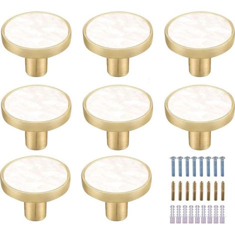 Lot de 8 boutons de placard ronds en laiton marbré blanc – Finition dorée – Diamètre 32 mm – Vis 24 mm pour installation sur bois dur (1/5)