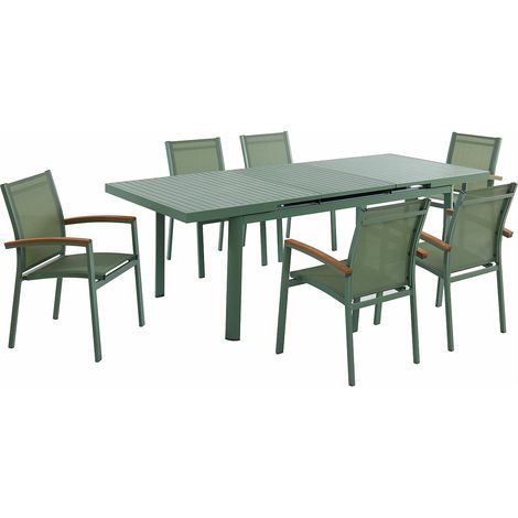Sala pranzo giardino Alluminio Verde acqua NAURU: tavolo allung. L.180/240cm 6 poltrone impil. braccioli Acacia