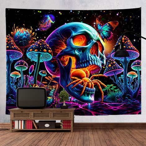 Hintergrundstoff im angesagten Stil, fluoreszierender Wandteppich in leuchtenden Farben, Totenkopf-Motiv, Halloween-Hängedekoration, 150 x 200 cm