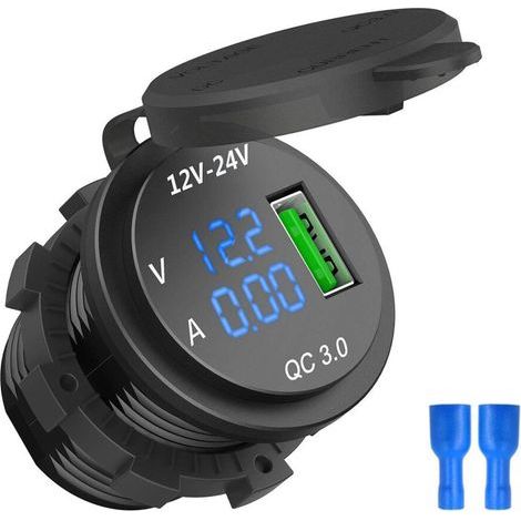 Chargeur allume-cigare voiture rapide 12V/24V 3.0 avec voltmètre ampèremètre Bleu Noir (1/5)