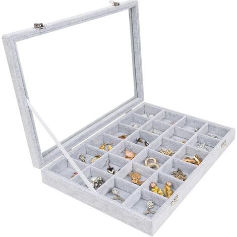 Boîte de rangement pour bijoux en velours gris 24 compartiments, couvercle vitré - Coffret empilable modulable pour bagues, colliers, bracelets, boucles d'oreilles, montres (1/5)