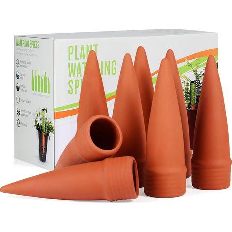 Lot de 8 jardinières auto-arrosantes en terre cuite, cône d'arrosage en argile, arrosage goutte-à-goutte automatique pour plantes d'intérieur, marron. (1/5)