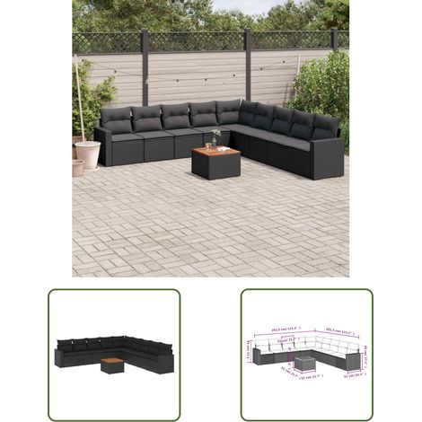 The Living Store 10-tlg. Garten-Sofagarnitur mit Kissen Schwarz Poly Rattan - Gartenmöbel - Outdoor Möbel - Rattan Gartenset - Lounge Set - Esstischgarnitur
