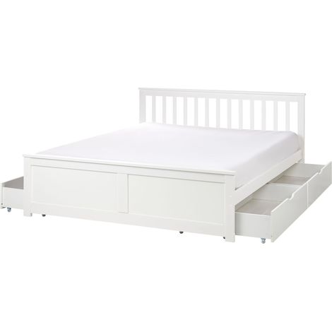 Lit Double Minimaliste en Bois de Pin MDF 160 x 200 cm avec 4 Tiroirs de Rangement Blanc Olendon