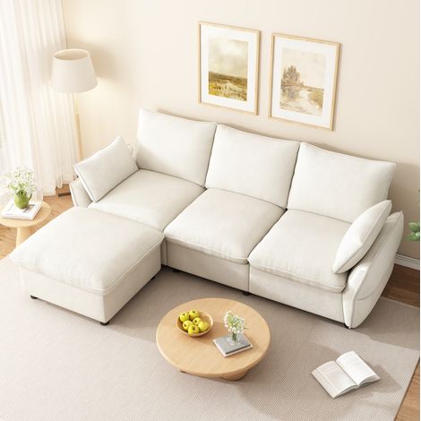 Canapé d'angle L 222,5x154,5x76,5 cm 3 places avec pouf, coussins et tissu chenille, structure stable - beige (1/5)