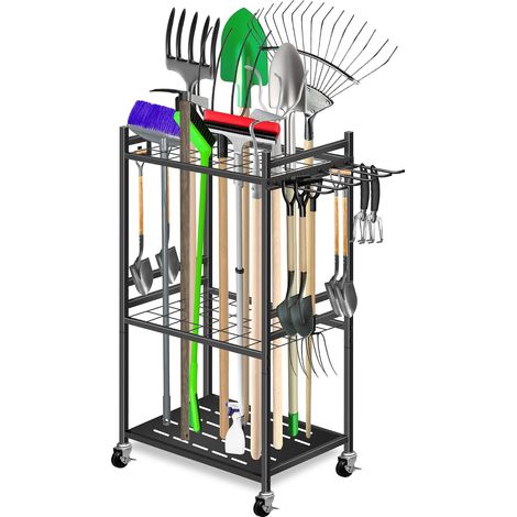 Étagère à outils de jardin avec crochets mobiles et roulettes verrouillables – Rangement facile des accessoires d'outils dans le jardin, le garage grâce aux roues pivotantes à 360° (1/5)