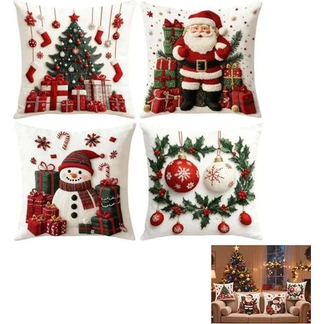 HOUSSE DE COUSSIN Noël 45x45 Housse Coussin Noel Sapin, Lin Décoratif Taie d'oreiller de Noel d’Hiver,pour Canapé Salon Chambre 4Pcs (1/5)