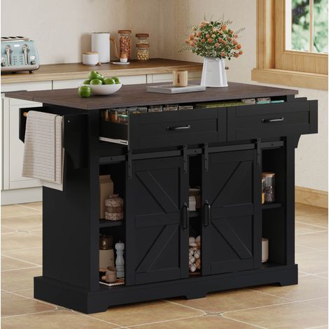 Isla de cocina 120×45(70)×91 cm negra con tablero abatible, 2 puertas correderas y ruedas (1/5)