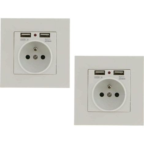 Lot de 2 prises murales encastrables avec double USB 5V/2,1A – Protection contre surcharges – Installation simple – Design épuré blanc – Jormftte (1/7)