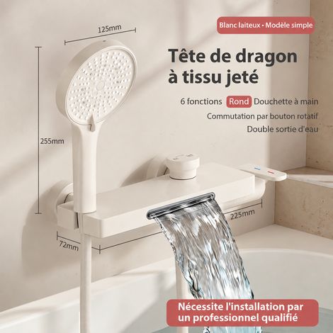Robinet mitigeur de baignoire mural cascade blanc crème avec ensemble de douche ronde réf 0875 64 × 35 × 13 cm 3 kg – Livraison gratuite