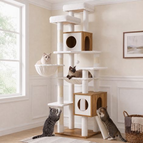 Arbre à Chat XXL Moderne en Bois avec Niches et Griffoir 45 x 55 x 191 cm Taupe et Blanc (1/5)