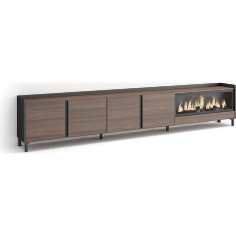Skraut Home - Meuble TV, Banc Télé, Grand espace de Rangement, 315x35x61cm, Pour les TV jusqu'à 80", Cheminée électrique XXL, Design industriel, Style moderne, Chêne foncé et Noir (1/5)
