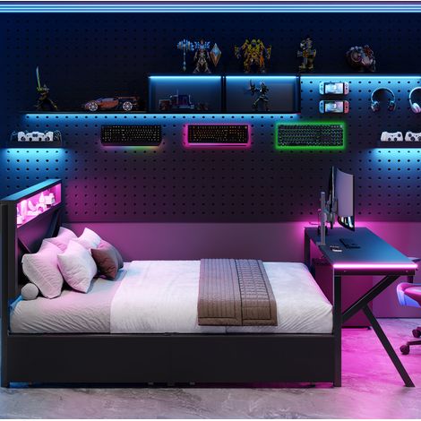 Lit plateforme gaming 140x200 cm en métal/MDF noir avec tête LED, bureau et 2 tiroirs, OKWISH (1/5)