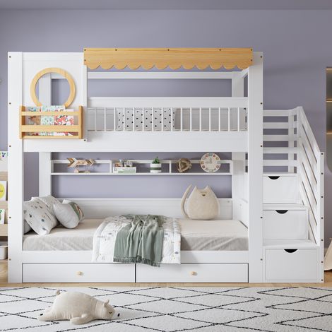 Lit superposé, lit enfant, deux tiroirs de rangement à roulettes, avec armoire d’escalier, avec une rangée d’étagères de 2 mètres de long, tablette latérale, pin + MDF, blanc + naturel, 90x200cm (1/5)