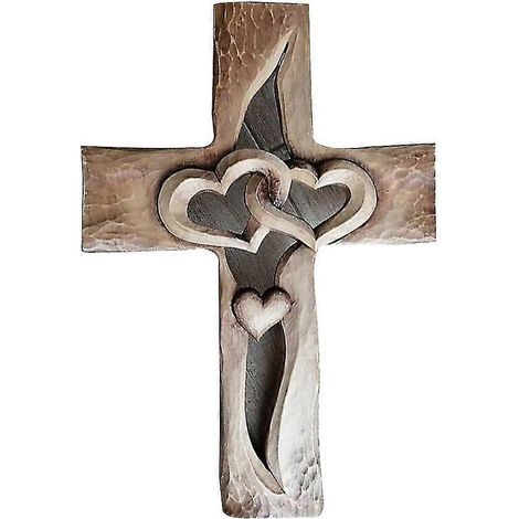 Croix en acrylique sculptée à l'aspect bois, cœurs entrelacés, cadeau catholique, décoration murale chrétienne religieuse de Noël (1/5)