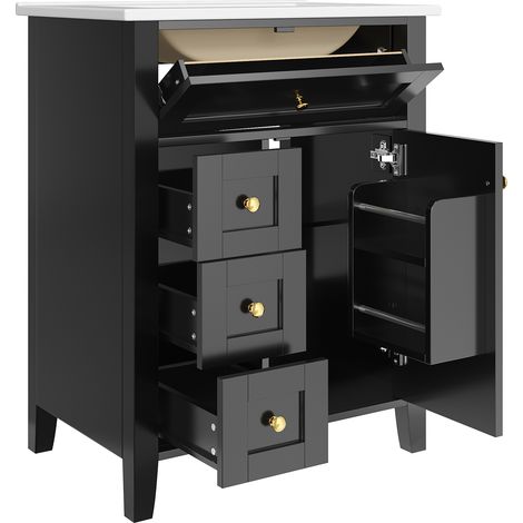 Freistehender Badunterschrank 61 cm schwarz glänzend mit Keramikwaschbecken und 4 Schubladen (1/5)