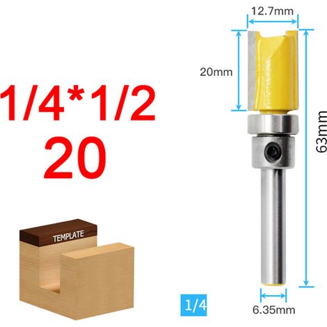 Fraise à affleurer 1/4" avec roulement, outil de défonceuse pour bois, coupe de finition 20mm, fraise à copier carbure pour menuiserie, lame de fraisage professionnelle.