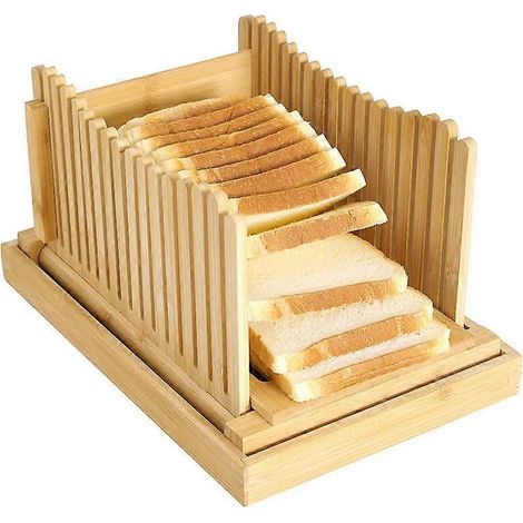 Trancheuse à pain réglable pour pain maison, en bambou, structure pliable, ramasse-miettes, 3 réglages d'épaisseur, pour toasts, bagels et sandwichs.-AquaForge (1/4)