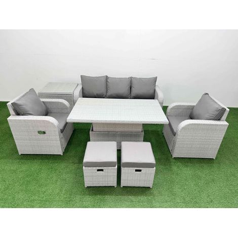 Fimous PE Rattan Garden Furniture Set Reclining Chair Sofa Lounge Sofa Set Adjustable Lifting Dining or Coffee Table Side Table 2 Small Stools Light Grey (1/4)