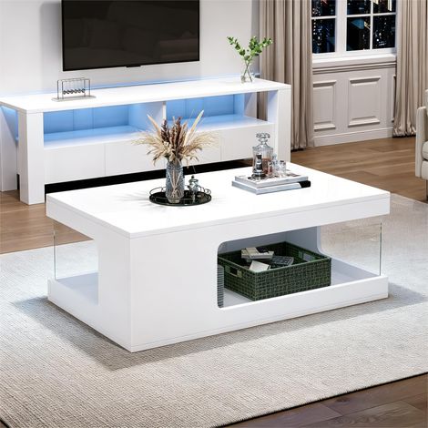 Couchtisch aus Spanplatte in Weiß Hochglanz 100 cm mit LED und seitlichen Ablagen aus gehärtetem Glas