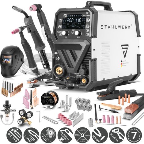 STAHLWERK Soldadora con gas protector 6 en 1 Kombi CTM-250 Puls Pro – Equipada al completo – TIG, MIG/MAG, MMA (soldadura manual) y FLUX hasta 200 A, cortadora de plasma (CUT) hasta 45 A, alimentación (1/5)