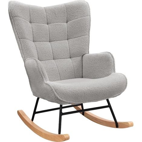 Fauteuil à bascule relaxant – Fauteuil à ailes avec structure métallique et base en bois, revêtement en velours Teddy gris, fauteuil de salon (1/5)