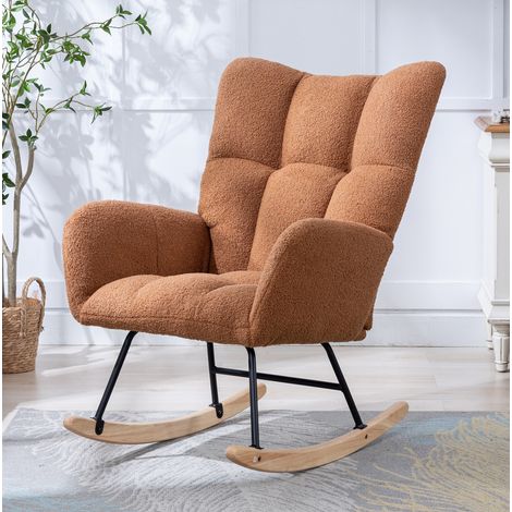 Chaise à bascule Teddy avec poche, fauteuil à bascule en tissu brun, base bois massif (1/5)